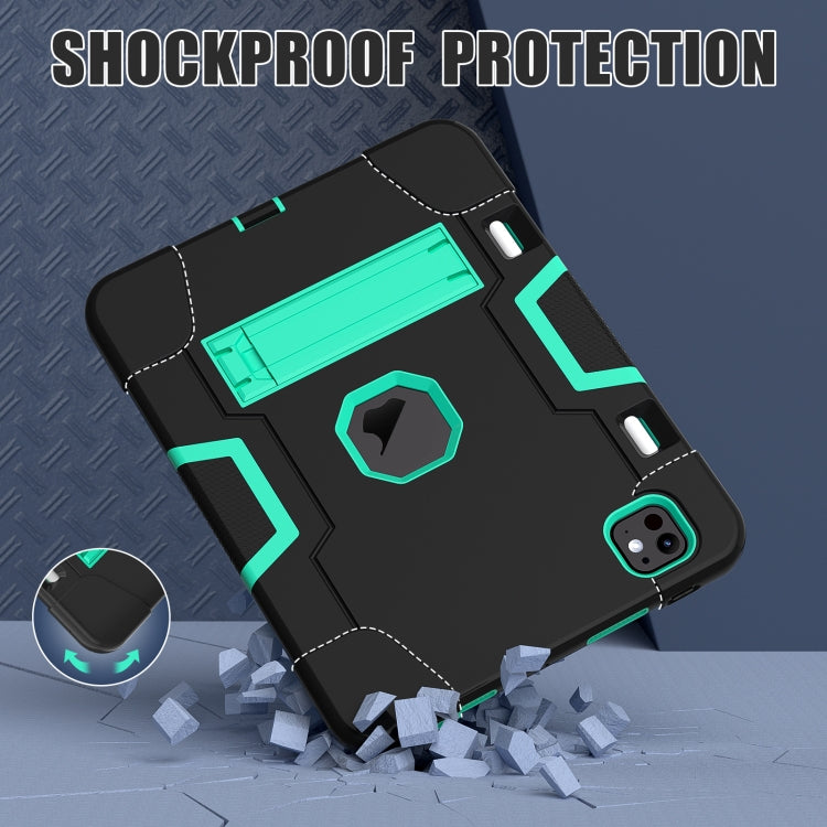 For iPad Pro 11 2024 Contrast Color Silicone Acrylic PC Tablet Case with Holder(Black Mint Green)