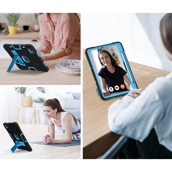 For iPad Pro 11 2024 Contrast Color Silicone Acrylic PC Tablet Case with Holder(Black Blue)