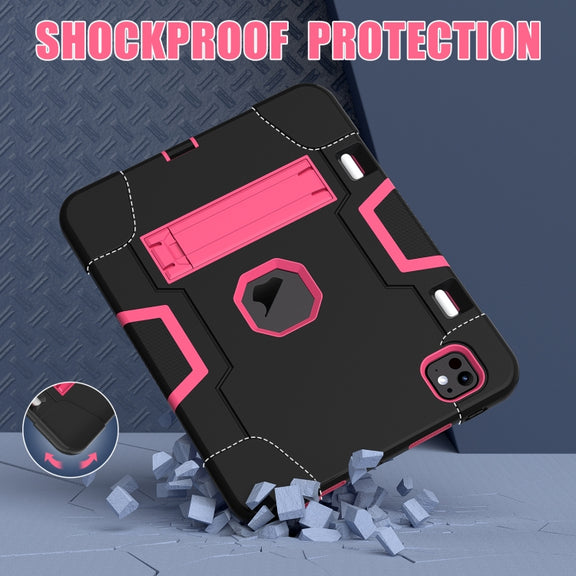 For iPad Pro 11 2024 Contrast Color Silicone Acrylic PC Tablet Case with Holder(Black Rose Red)