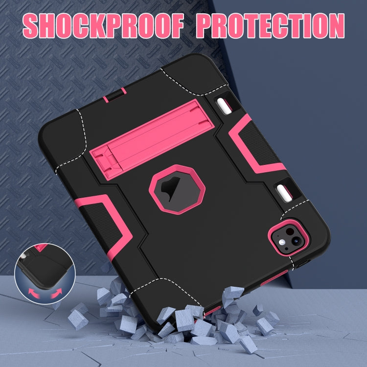 For iPad Pro 11 2024 Contrast Color Silicone Acrylic PC Tablet Case with Holder(Black Rose Red)