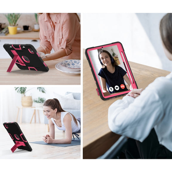 For iPad Pro 11 2024 Contrast Color Silicone Acrylic PC Tablet Case with Holder(Black Rose Red)