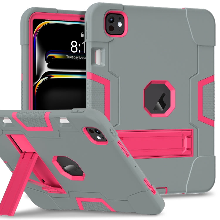 For iPad Pro 11 2024 Contrast Color Silicone Acrylic PC Tablet Case with Holder(Grey Rose Red)