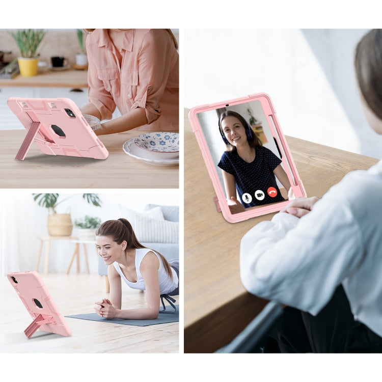 For iPad Pro 11 2024 Contrast Color Silicone Acrylic PC Tablet Case with Holder(Rose Gold)