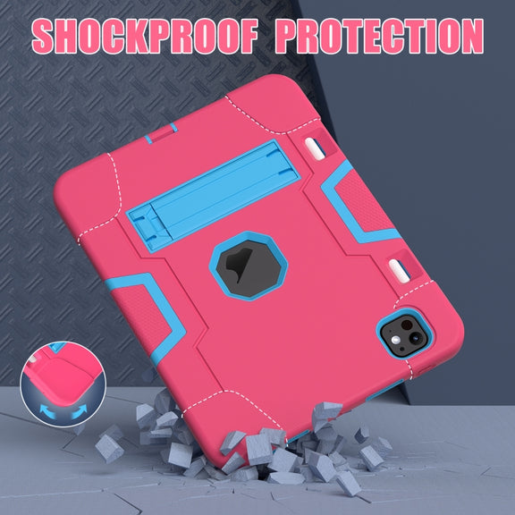 For iPad Pro 11 2024 Contrast Color Silicone Acrylic PC Tablet Case with Holder(Rose Red Blue)