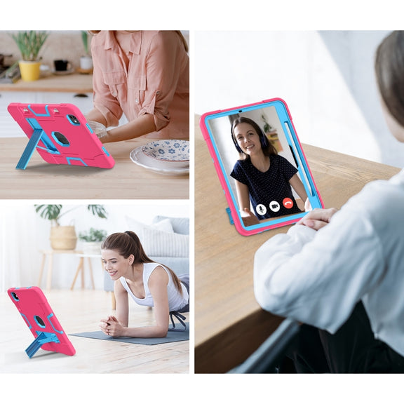 For iPad Pro 11 2024 Contrast Color Silicone Acrylic PC Tablet Case with Holder(Rose Red Blue)