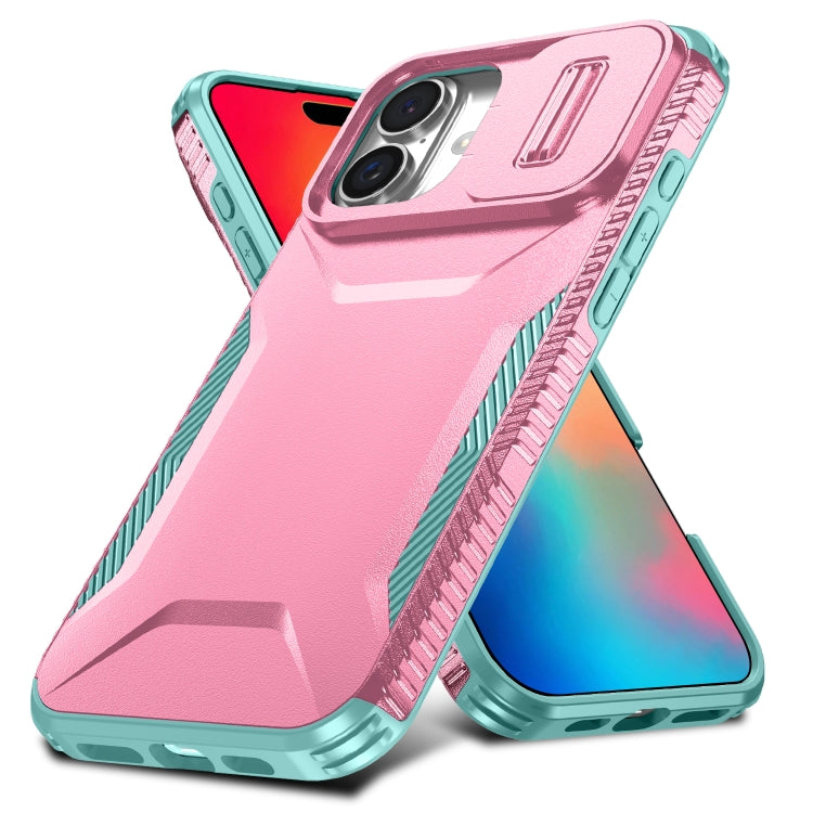 For iPhone 16 Plus Sliding Camshield Phone Case(Pink + Grey Green)