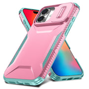 For iPhone 16 Plus Sliding Camshield Phone Case(Pink + Grey Green)