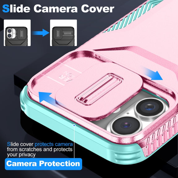 For iPhone 16 Plus Sliding Camshield Phone Case(Pink + Grey Green)