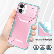 For iPhone 16 Plus Sliding Camshield Phone Case(Pink + Grey Green)