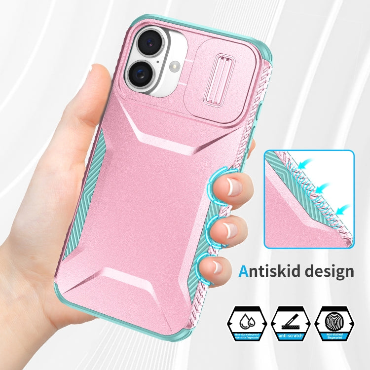 For iPhone 16 Plus Sliding Camshield Phone Case(Pink + Grey Green)