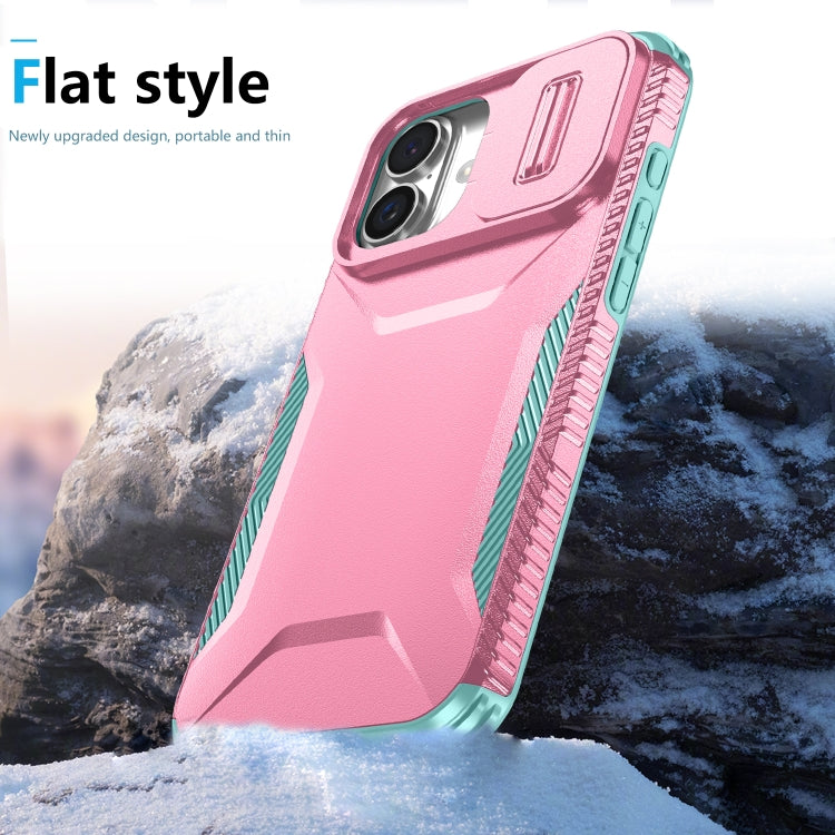For iPhone 16 Plus Sliding Camshield Phone Case(Pink + Grey Green)