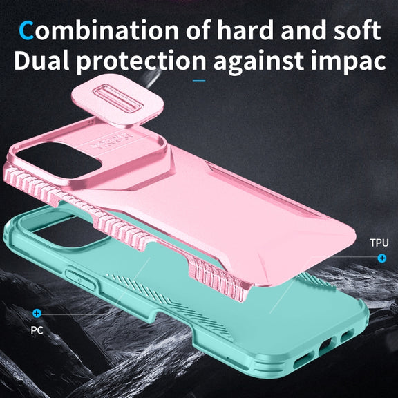 For iPhone 16 Plus Sliding Camshield Phone Case(Pink + Grey Green)