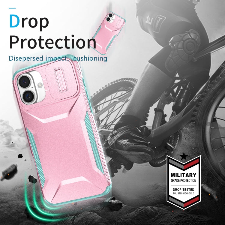 For iPhone 16 Plus Sliding Camshield Phone Case(Pink + Grey Green)
