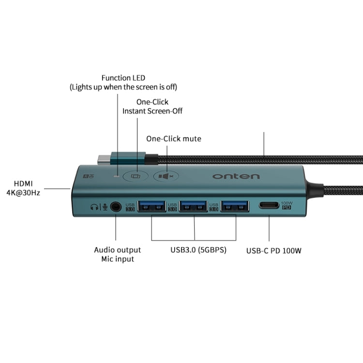 Onten UC123+ USB-C / Type-C to HDTV Multi-function HUB Docking Station with Button, Length:1.5m(Green)