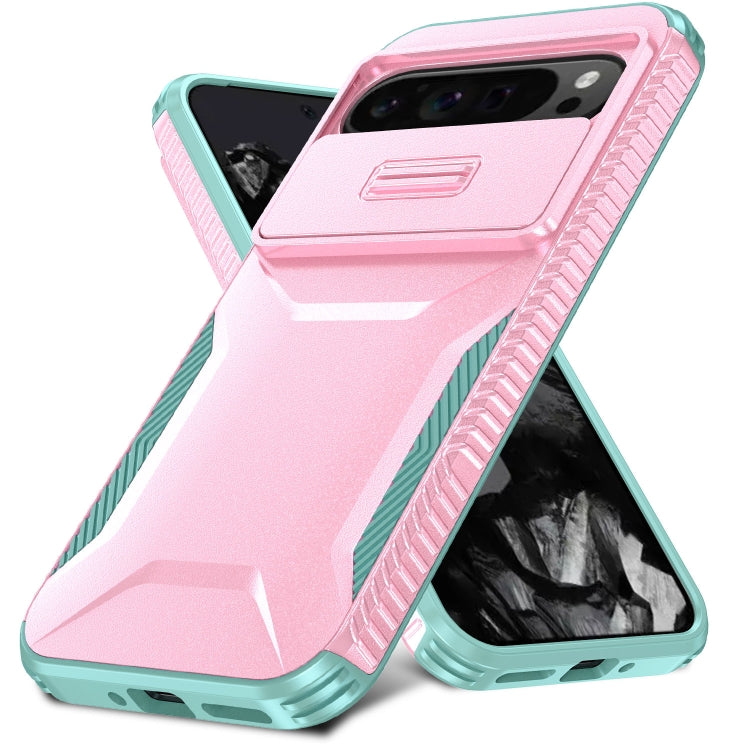 For Google Pixel 10 Pro XL / 9 Pro XL Sliding Camshield Phone Case(Pink + Grey Green)