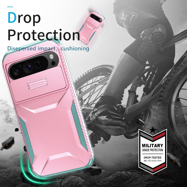 For Google Pixel 10 Pro XL / 9 Pro XL Sliding Camshield Phone Case(Pink + Grey Green)