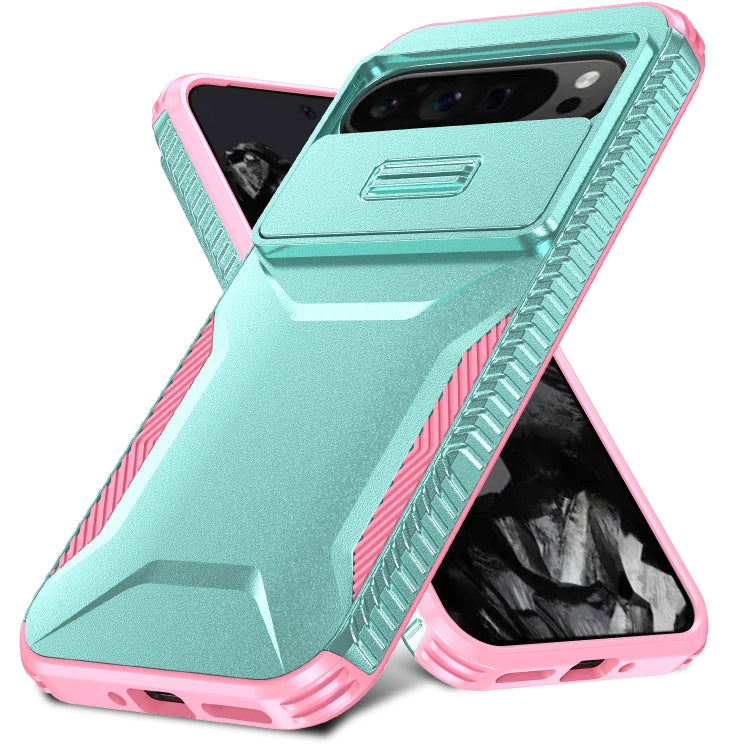For Google Pixel 9 Pro XL Sliding Camshield Phone Case(Grey Green + Pink)