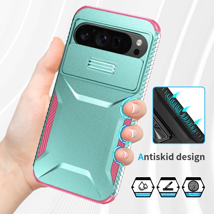 For Google Pixel 9 Pro XL Sliding Camshield Phone Case(Grey Green + Pink)