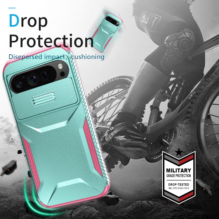 For Google Pixel 9 Pro XL Sliding Camshield Phone Case(Grey Green + Pink)
