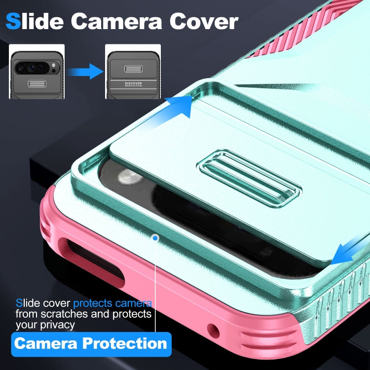 For Google Pixel 9 Pro XL Sliding Camshield Phone Case(Grey Green + Pink)