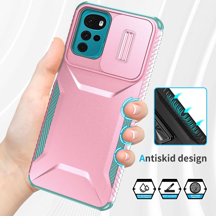 For Motorola Moto G22 2024 Sliding Camshield Phone Case(Pink + Grey Green)