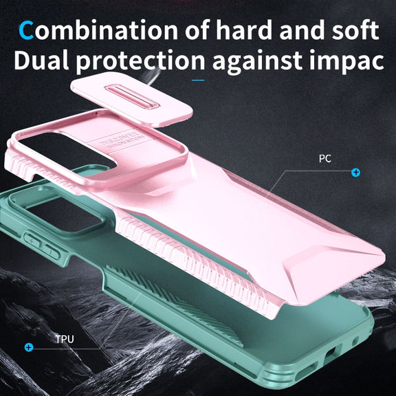 For Motorola Moto G22 2024 Sliding Camshield Phone Case(Pink + Grey Green)