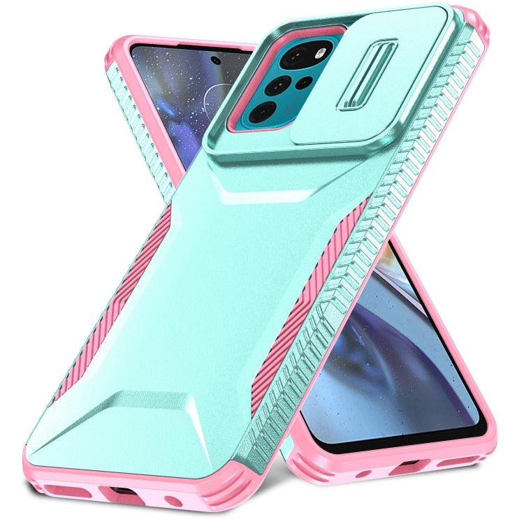 For Motorola Moto G22 2024 Sliding Camshield Phone Case(Grey Green + Pink)