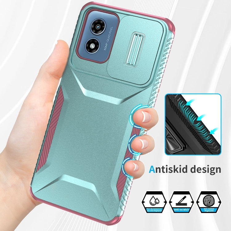 For Motorola Moto G Play 4G 2024 Sliding Camshield Phone Case(Grey Green + Pink)