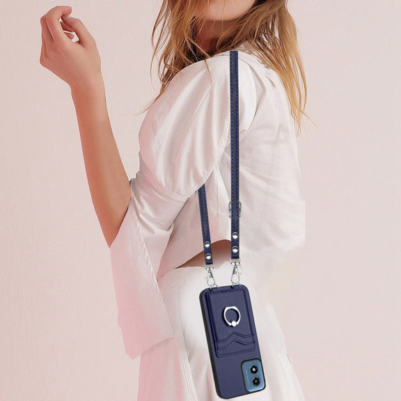 For Motorola Moto G Play 2024 4G R20 Crossbody Rope Ring Card Holder Phone Case(Blue)