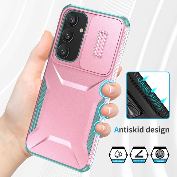 For Samsung Galaxy S25 5G / S24 5G Sliding Camshield Phone Case(Pink + Grey Green)