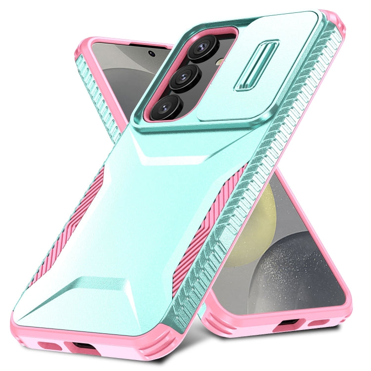 For Samsung Galaxy S25 5G / S24 5G Sliding Camshield Phone Case(Grey Green + Pink)