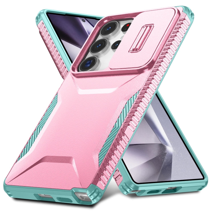 For Samsung Galaxy S25 Ultra 5G Sliding Camshield Phone Case(Pink + Grey Green)