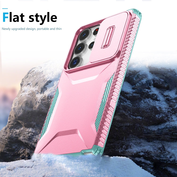 For Samsung Galaxy S25 Ultra 5G Sliding Camshield Phone Case(Pink + Grey Green)