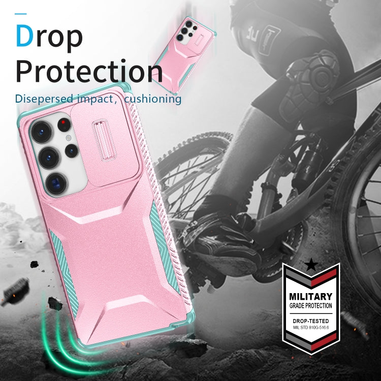For Samsung Galaxy S25 Ultra 5G Sliding Camshield Phone Case(Pink + Grey Green)