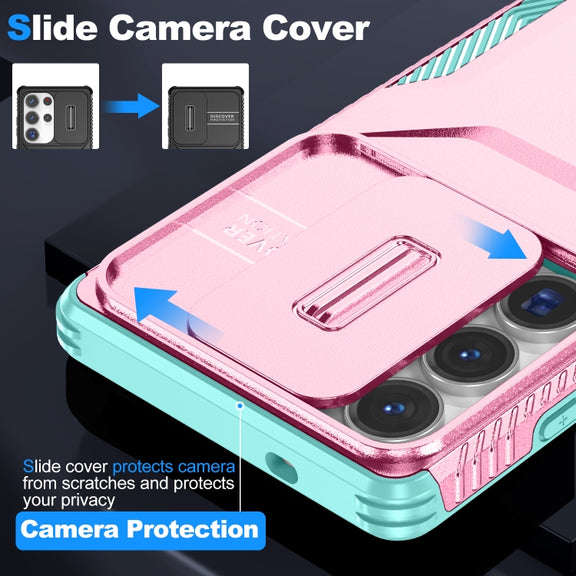 For Samsung Galaxy S25 Ultra 5G Sliding Camshield Phone Case(Pink + Grey Green)