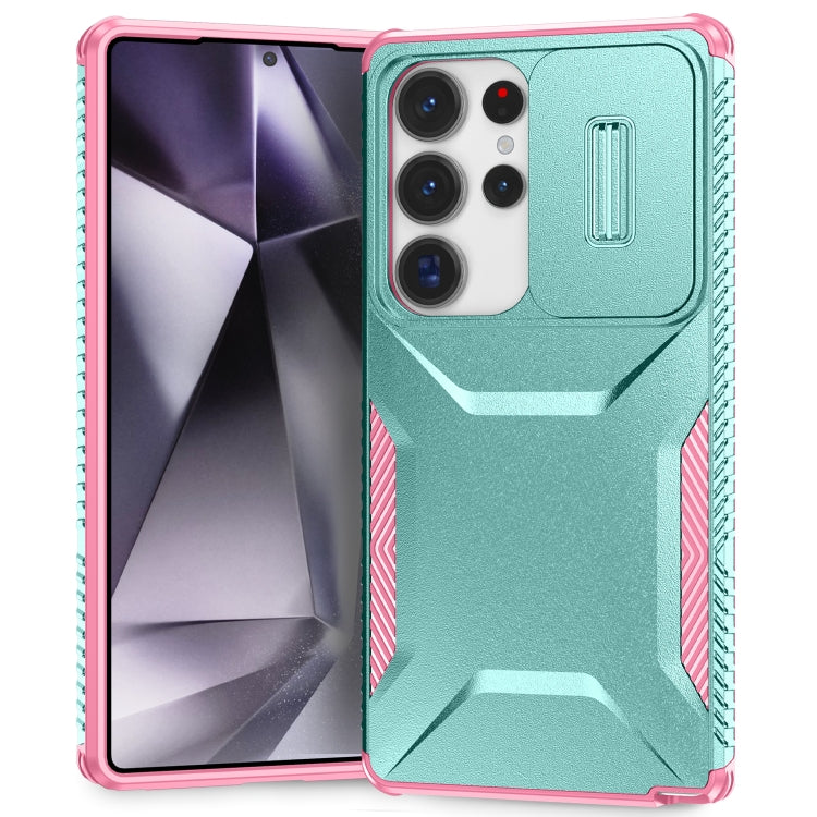 For Samsung Galaxy S25 Ultra 5G Sliding Camshield Phone Case(Grey Green + Pink)