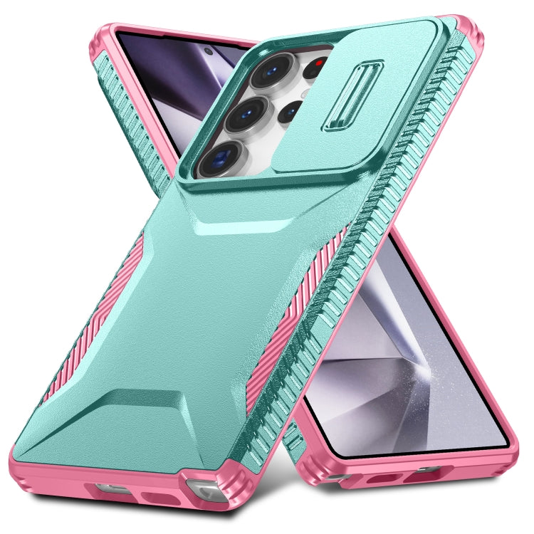 For Samsung Galaxy S25 Ultra 5G Sliding Camshield Phone Case(Grey Green + Pink)