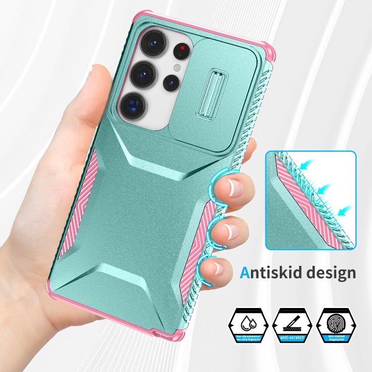 For Samsung Galaxy S25 Ultra 5G Sliding Camshield Phone Case(Grey Green + Pink)