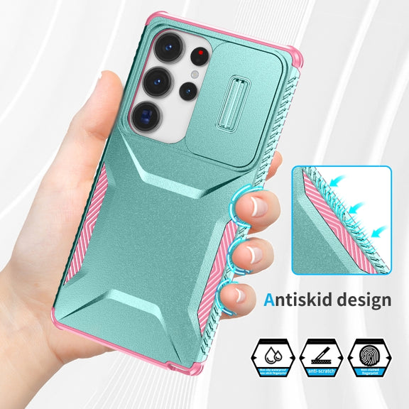 For Samsung Galaxy S25 Ultra 5G Sliding Camshield Phone Case(Grey Green + Pink)