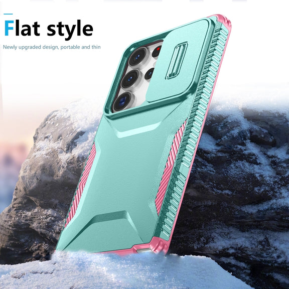 For Samsung Galaxy S25 Ultra 5G Sliding Camshield Phone Case(Grey Green + Pink)