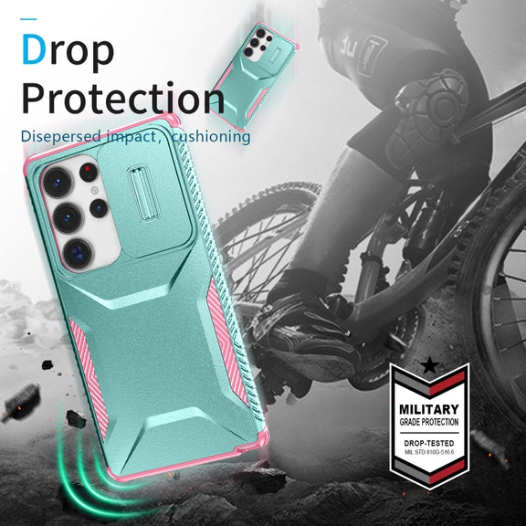 For Samsung Galaxy S25 Ultra 5G Sliding Camshield Phone Case(Grey Green + Pink)