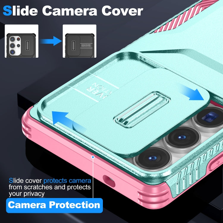For Samsung Galaxy S25 Ultra 5G Sliding Camshield Phone Case(Grey Green + Pink)