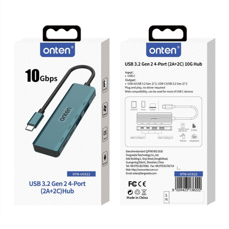 Onten UC622 10Gbps USB-C / Type-C to 2 x USB + 2 x USB-C / Type-C 4 in 1 HUB Docking Station, Length:1.5m(Green)
