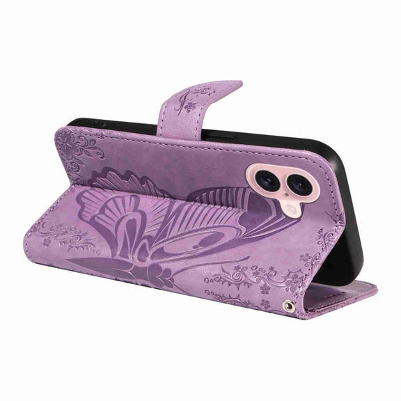 For iPhone 16 Swallowtail Butterfly Embossed Leather Phone Case(Purple)