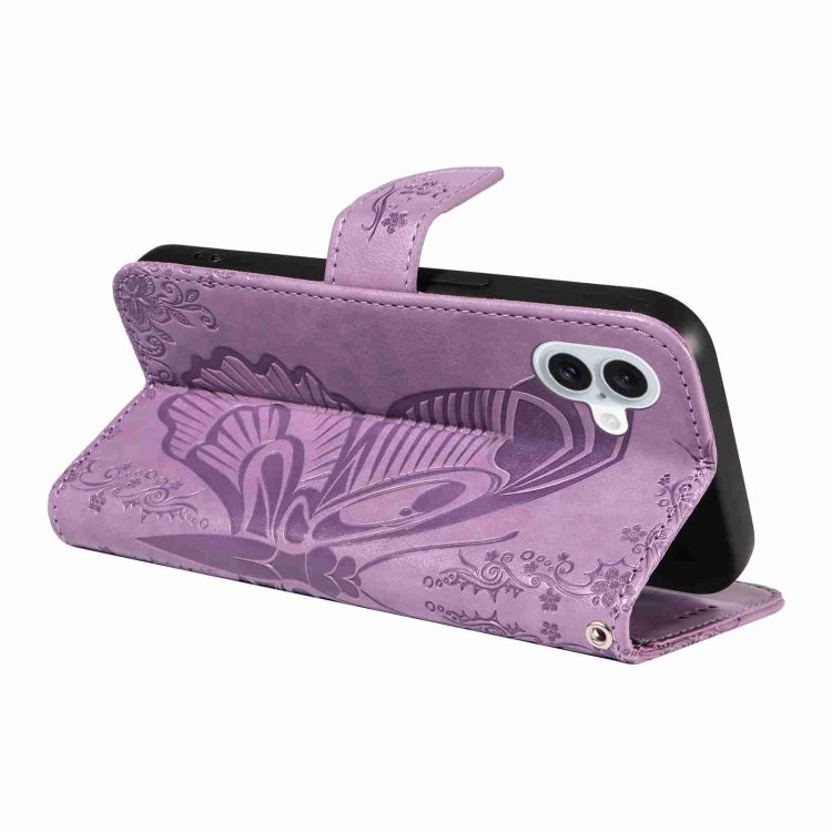 For iPhone 16 Plus Swallowtail Butterfly Embossed Leather Phone Case(Purple)