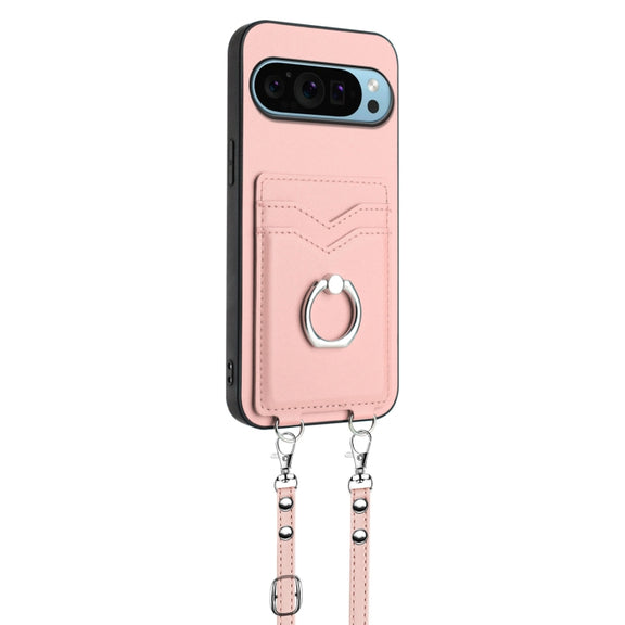 For Google Pixel 9 Pro XL R20 Crossbody Rope Ring Card Holder Phone Case(Pink)