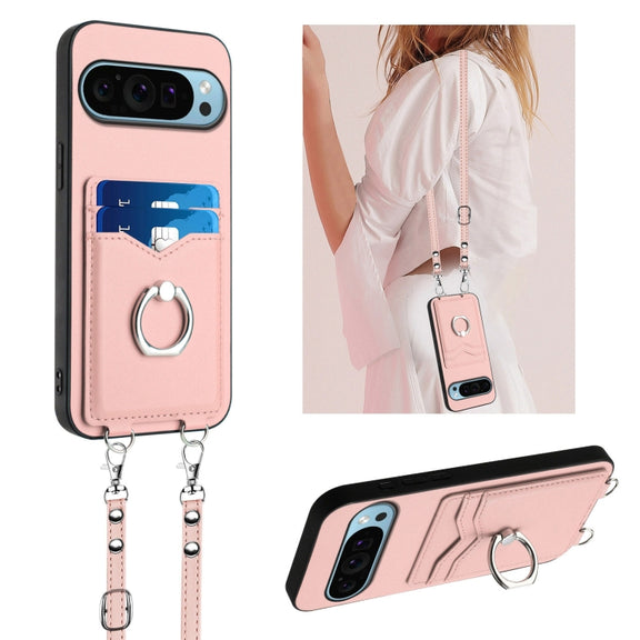 For Google Pixel 9 Pro XL R20 Crossbody Rope Ring Card Holder Phone Case(Pink)