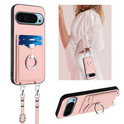 For Google Pixel 9 / 9 Pro R20 Crossbody Rope Ring Card Holder Phone Case(Pink)