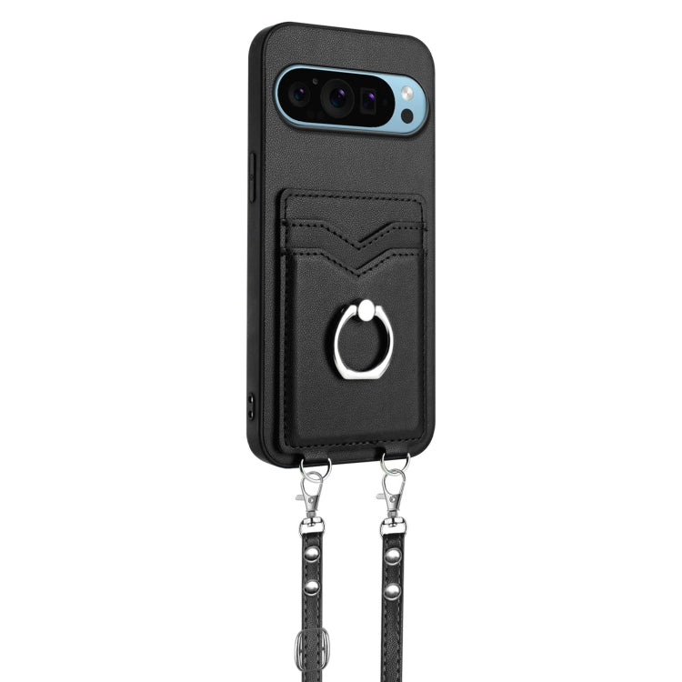 For Google Pixel 9 / 9 Pro R20 Crossbody Rope Ring Card Holder Phone Case(Black)