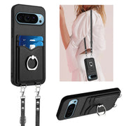 For Google Pixel 9 / 9 Pro R20 Crossbody Rope Ring Card Holder Phone Case(Black)